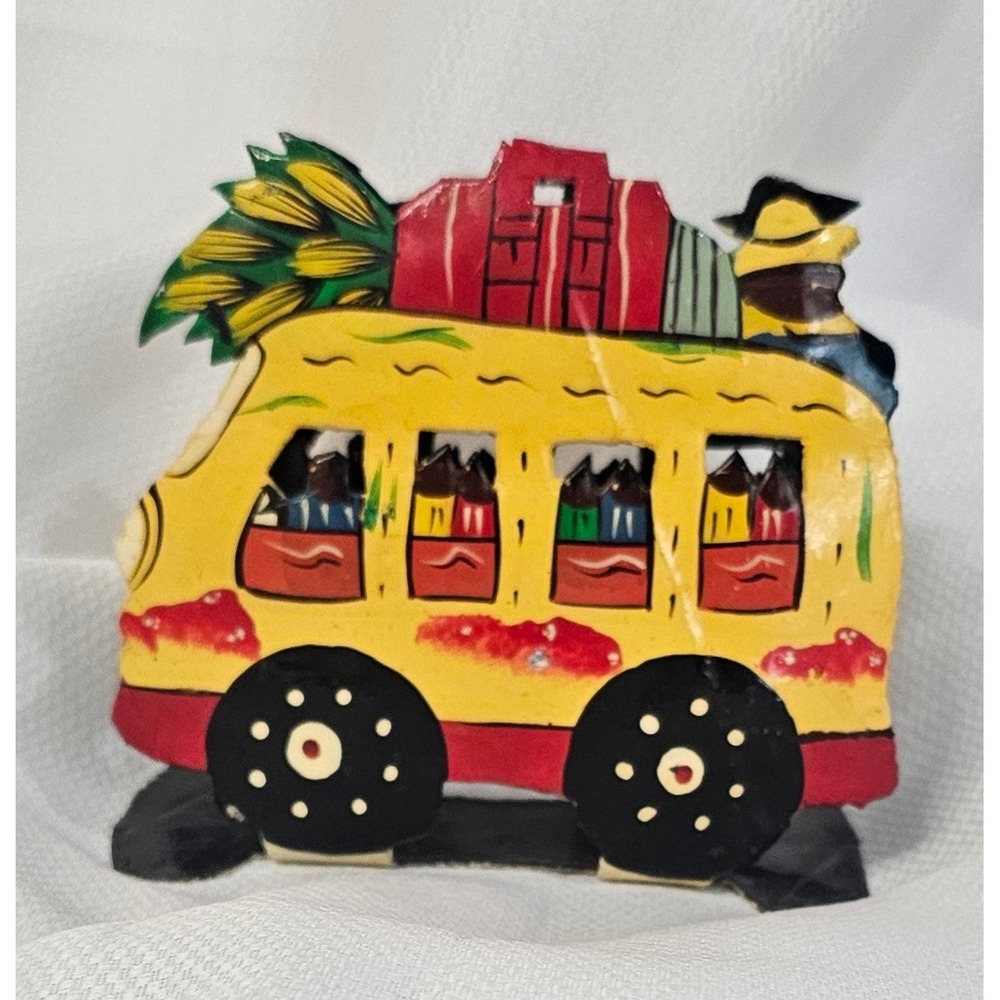 Vintage Folk Art Hand Painted Metal Yellow Bus Napkin Holder Tropical Souvenir